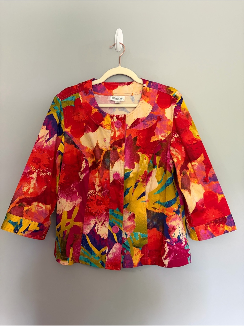 Coldwater Creek Floral Jacket Womens L Red Pink Bright Colorful Arty Button Up
